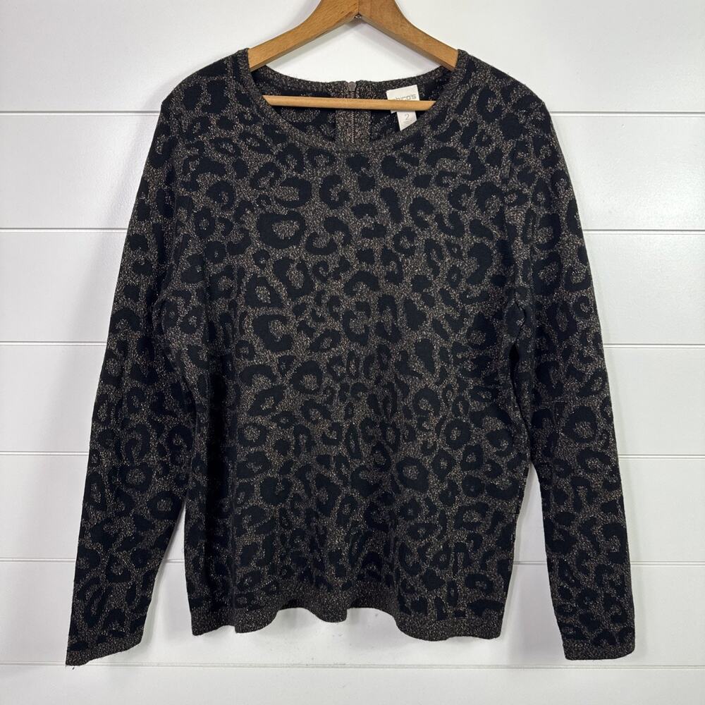 Chico's Leopard Print Long Sleeve Pullover Sweater Metallic Black sz 2 / Large